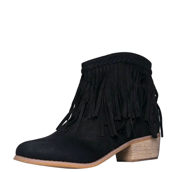 Med Low Heel Fringe Ankle Booties Boots - Picture 2 of 6